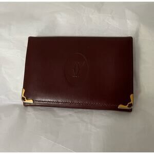 Cartier Vintage Oxblood Calfskin Leather Card Case Double C Logo Brass Corners